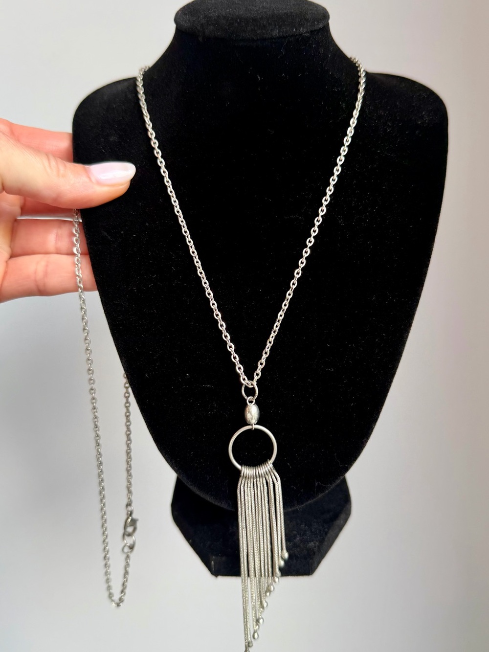 Silver Fringe Pendant Necklace - 35” Length
